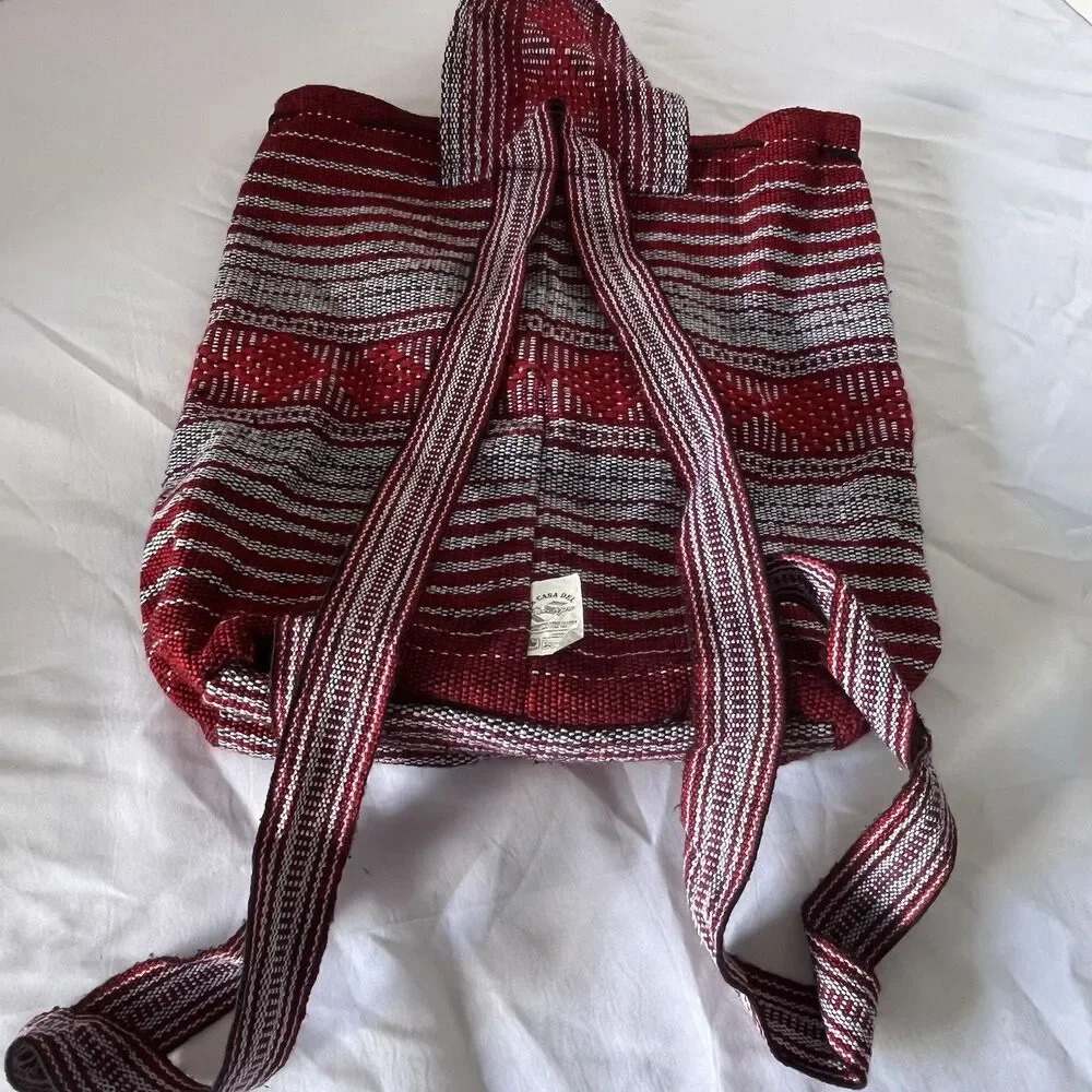 Backpack Cozumel LA CASA DEL SARAPE Red Gray Baja Mexican Knit Drawstring